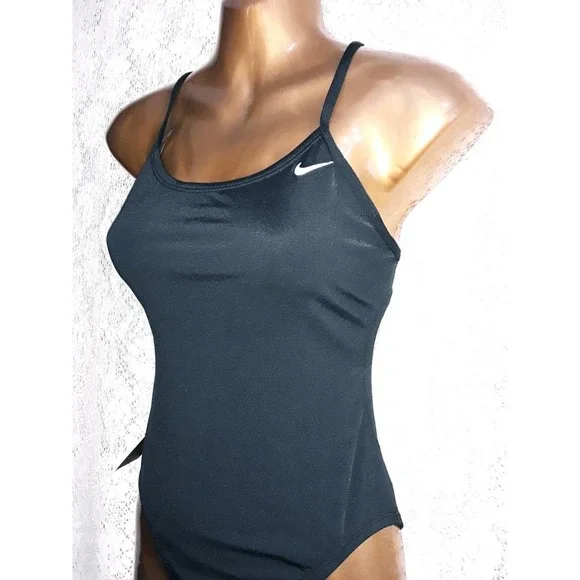 NWT Nike Sz S NESSA Black With White Swish Tank One Piece Swimsuit - Picture 3 of 11